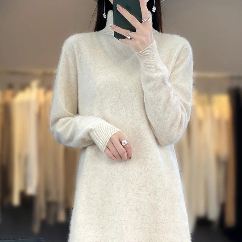 Female New 2023 Autumn And Winter Mink Cashmere Sweater Woman High Turn-Down Collar Long Dress Pullover Knitted Bottoming Skirt