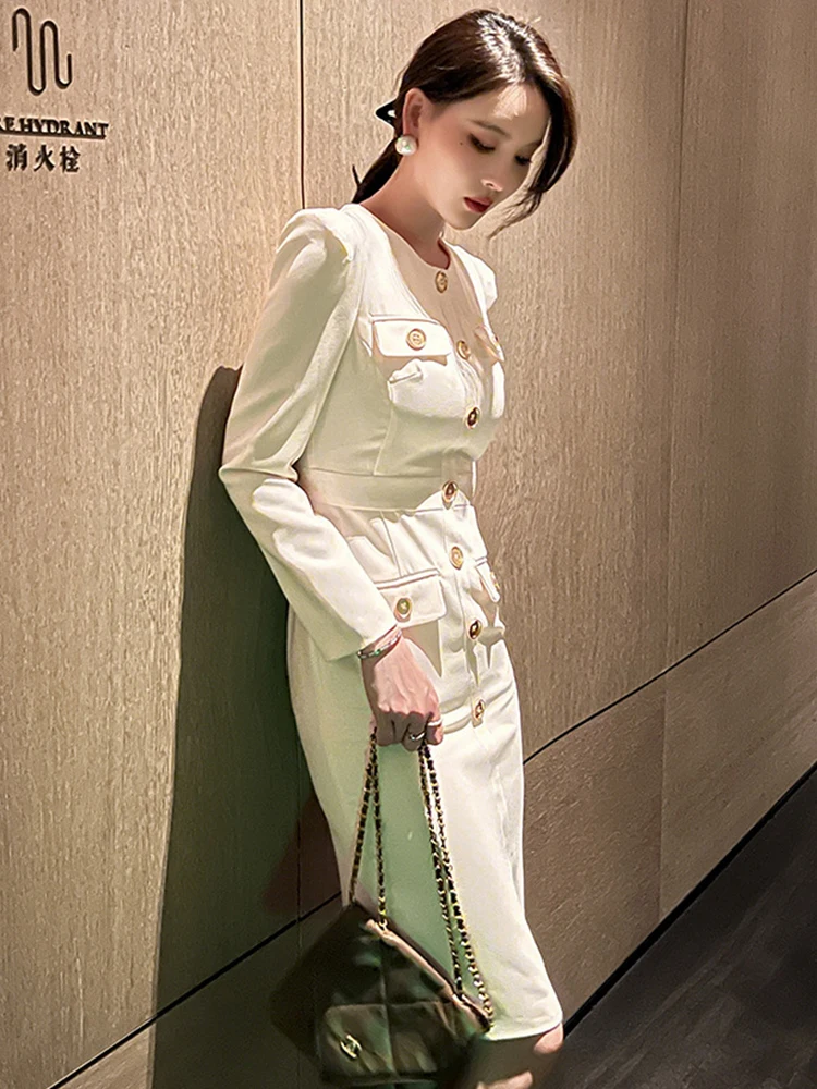 Spring Midi Dresses for Women 2023 Korea Style Elegant Dress Long Sleeve Single Breasted Slim Robe Office Profession Vestidos