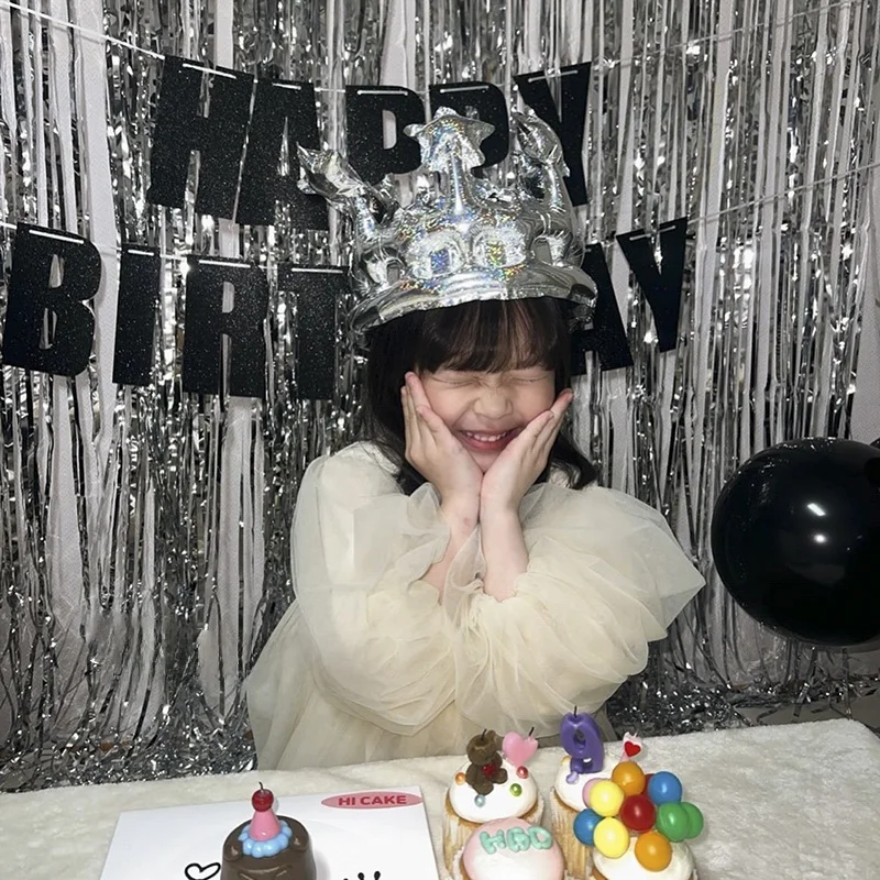 バルーンクラウン-誕生日写真撮影用-ペット-犬-猫-レインスレッドカーテン-プルフラッグデコレーション-シルバーブラックシリーズ-お祝い用品