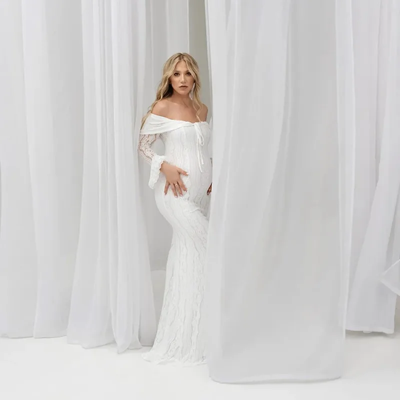 Ausgeschnittenes, elastisches, schulterfreies Kleid mit ausgestellten Ärmeln, Baby-Shower-Kleid, Fotografie-Kleid für Schwangere, Spitzen-Umstandskleid
