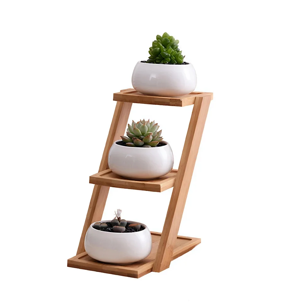 Modern 3-Tier Space-Saving Wooden Plant Stand with White Ceramic Pots Perfect for Small Rooms, Windowsills or Office Decor
