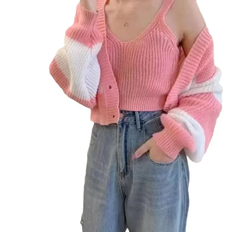 

2025 Fashion Autumn Two Piece Women Sweater Stripe Long Sleeve Cardigan Crop Knitwaers Winter Loose Casual Knitted Short Tops