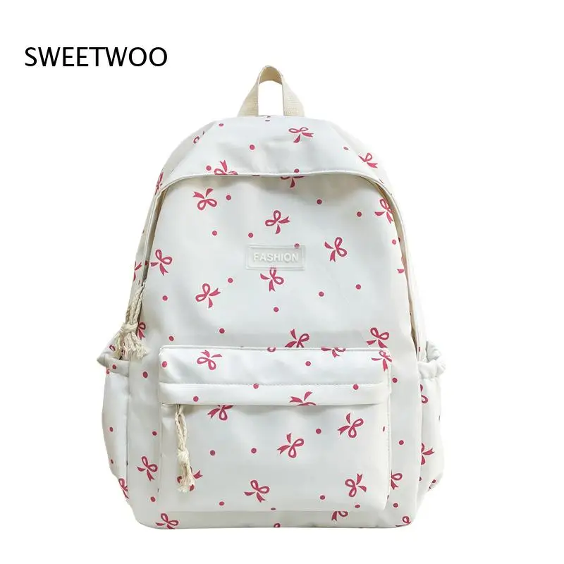 Korean-Style Dainty Bow-Print Waterproof-Nylon Large-Capacity Student Backpack