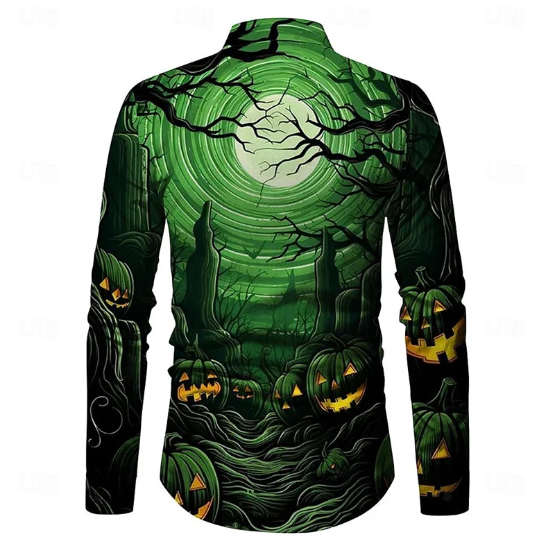 Halloween Pumpkin Ghost Face Horror Men\'s Shirt Button Lapel Shirt Long Sleeve Party Evening Autumn Shirt 3D Printing Thin 6XL