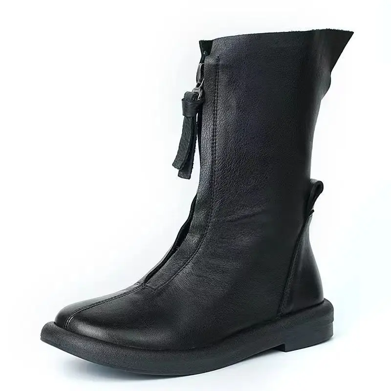 2024 New retro pu leather ingle boots long boots female ankle boots soft bottom leather boots flat autumn and winter boots