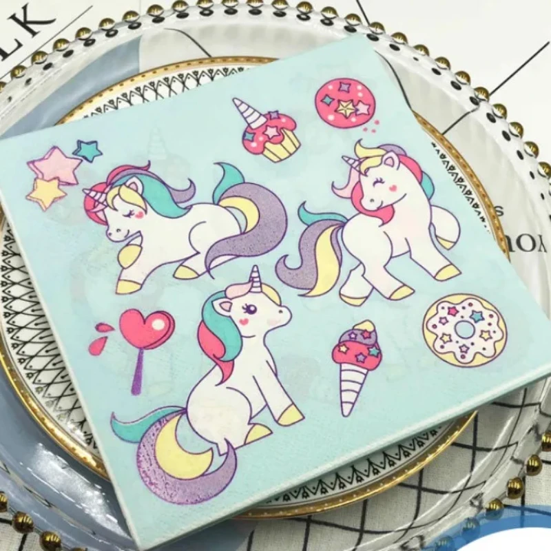 

Wholesale Unicorn Colorful Printed Napkins Square Paper Towel Birthday Party Folded Facial Tissues Napkins Decoupage 20pcs/pac