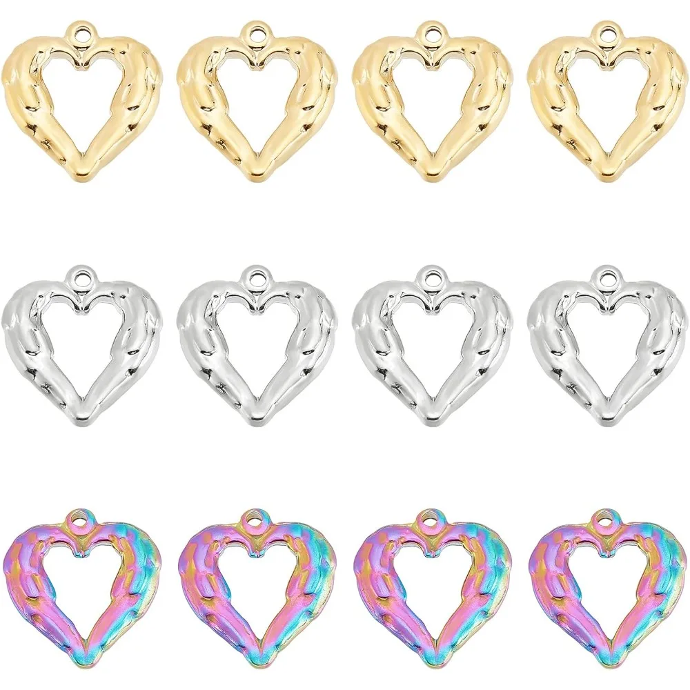 

12Pcs 3Colors Wing Pattern Heart Charm 1.8mm Hole Heart Dangle Charms Vacuum Plating 304 Stainless Steel Open Pendants Jewellery