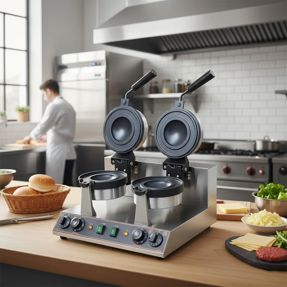 Commercial Double Head Rotating Panini Press  UFO Hamburger Waffle Maker for Gelato Paczki Krapfen Snack Baking Business