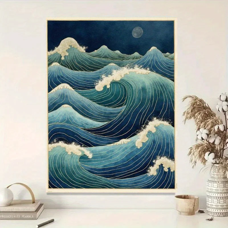 طباعة فنية قماش Ukiyo-e اليابانية بدون إطار على شكل موجة المحيط - لوحة ساحلية باللون الأزرق الداكن والفيروز، ديكور جداري حديث وبسيط #4
