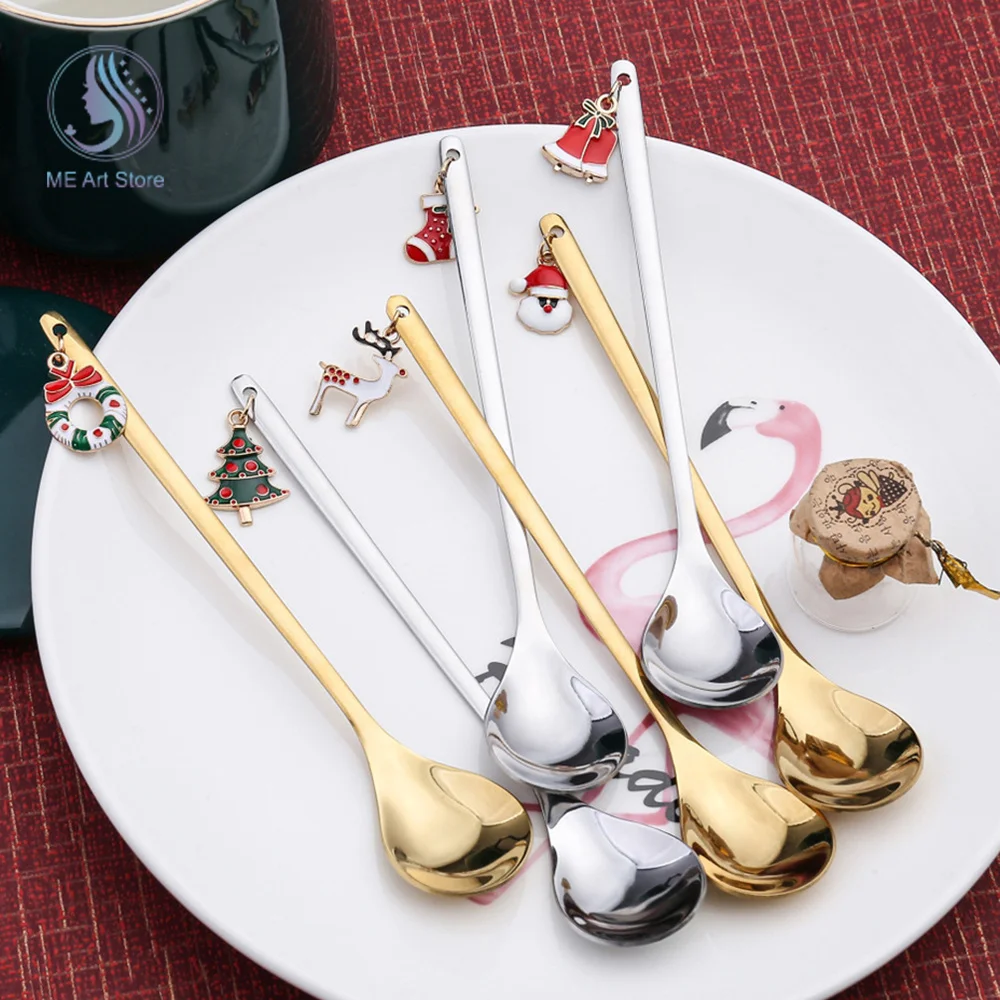 1Pcs Christmas Gift Cutlery Spoon Set Golden Silver Elk Christmas Tree Decoration Dessert Milk Coffee Spoon Tableware