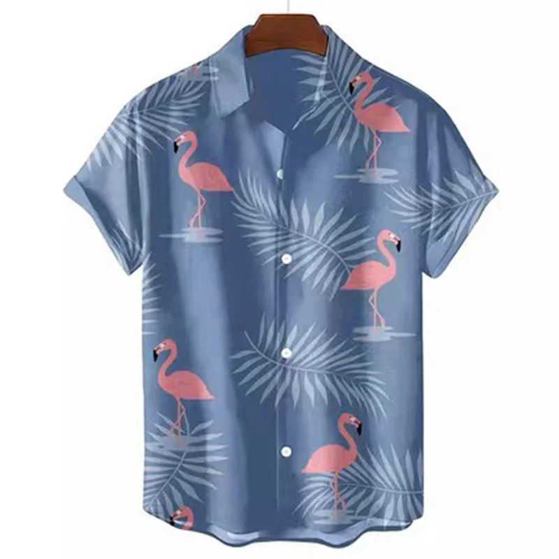 2024 New Hawaiian Beach Style Floral Shirt Men\'s Summer Fashion Short Sleeve Flamingo Print Trendy Tops Large Size Clothing