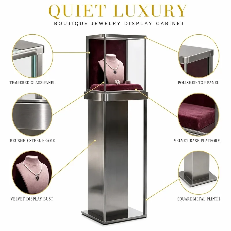 custom.Eco-Friendly Glass Jewelry Display Stand Stainless Steel Frame Custom Size Durable Showcase Jewelry Store