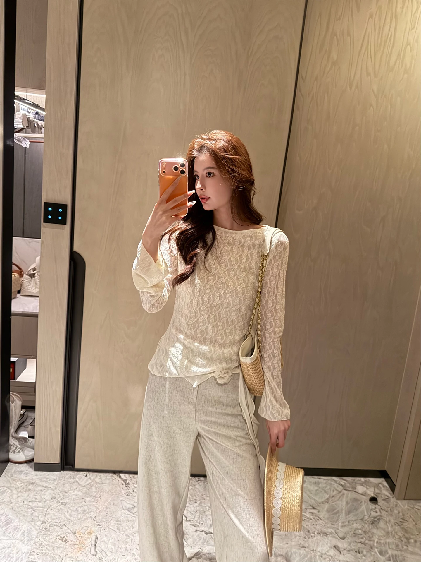 

Kun Total Women's Knitted Hollow out Long Sleeve Shirt Slim Fit Summer New Style Beige Color Nylon Fabric Polyester Elastic F...