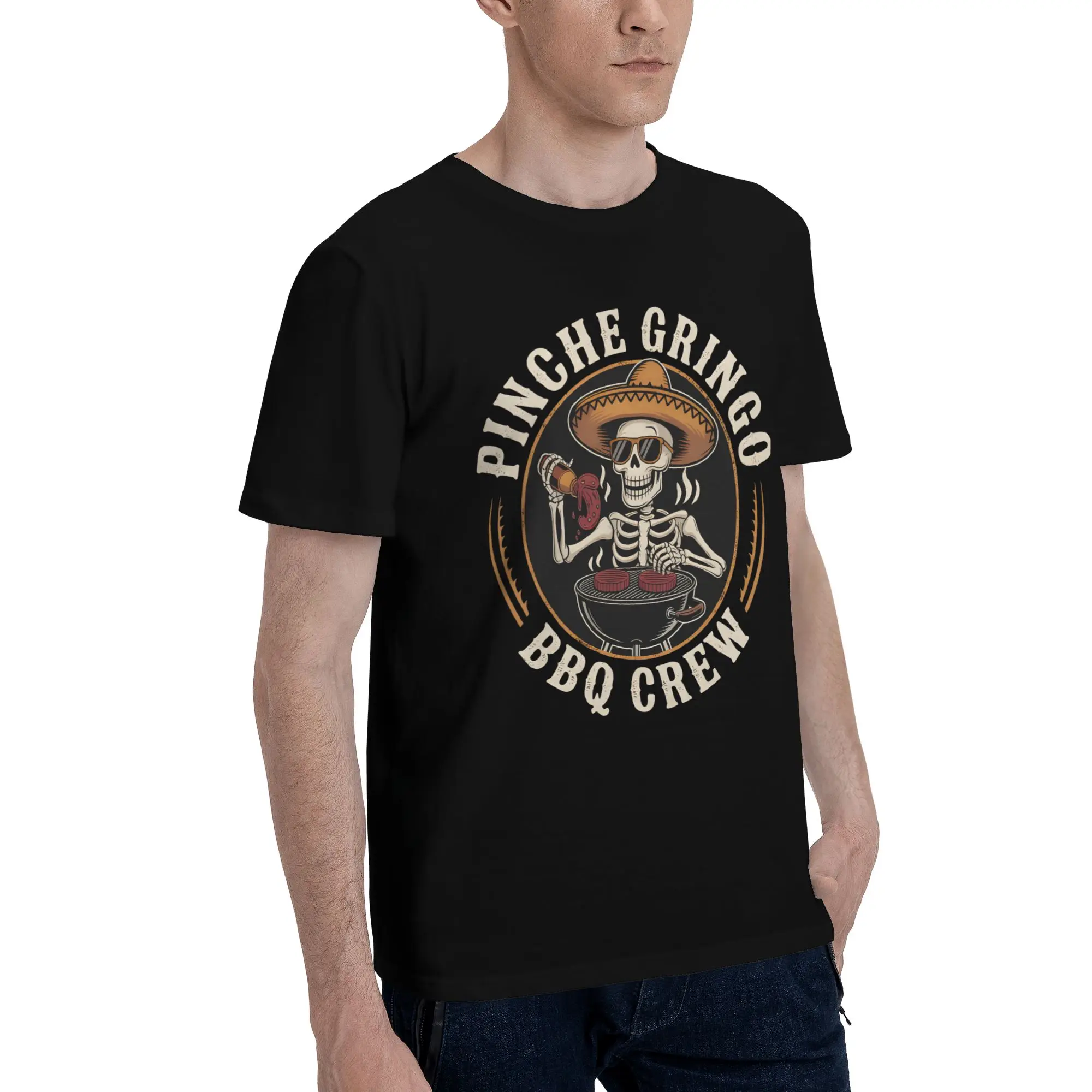 Pinche Gringo BBQ Crew Skeleton Grilling Beer Graphic Printing T Shirts for Men Women  Cotton  Tee Shirt Clothing