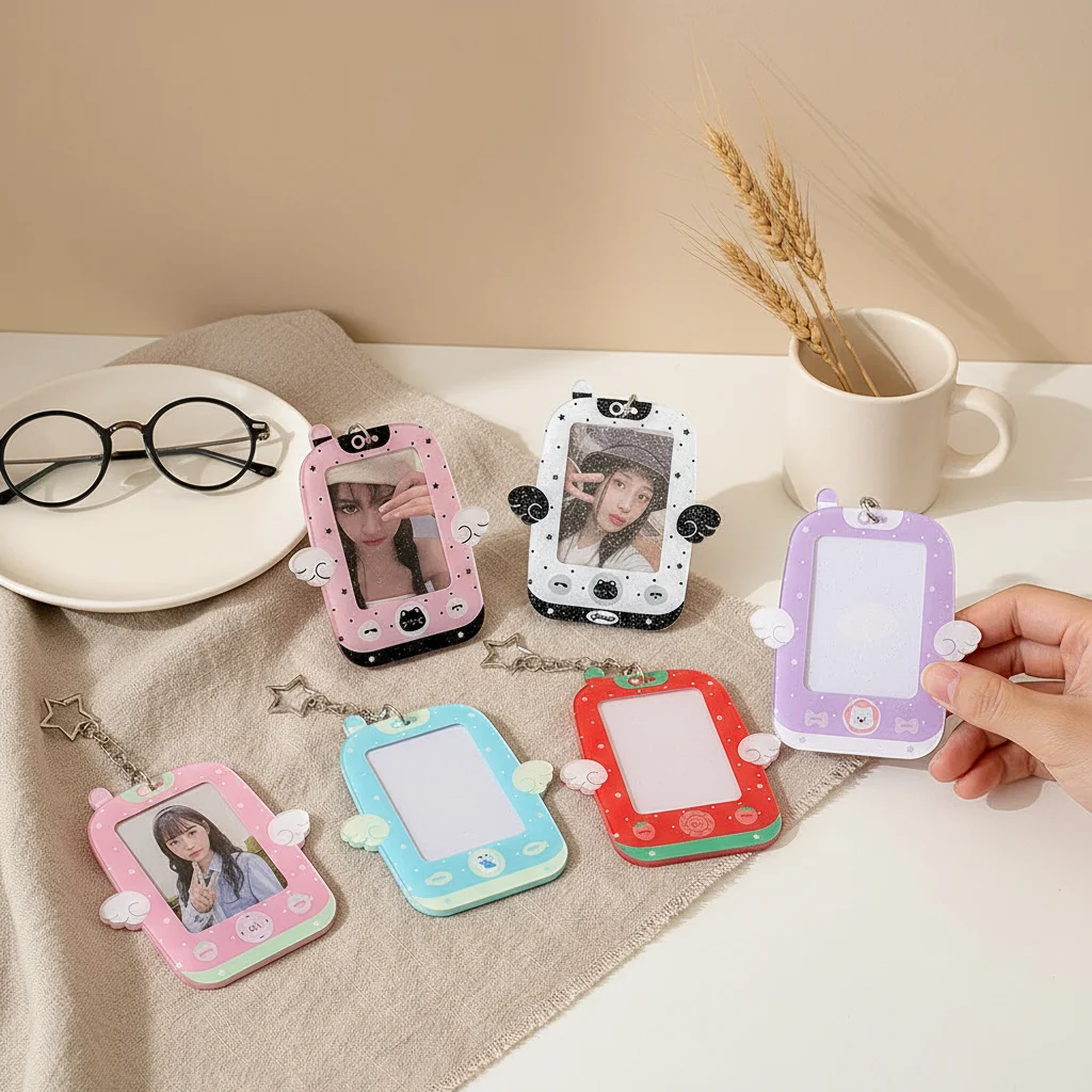 Kawaii Y2k Flip Phone Photocard Holder With Wing Star Keychain Kpop Idol Photo Sleeve Acrylic Id Card Case Bus Card Protector