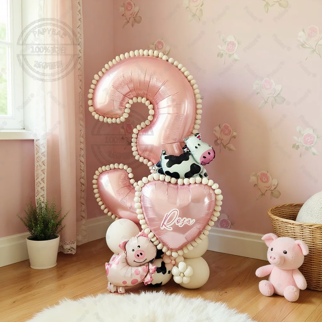 27-teiliges Mini-Kuh-Schwein-Ballon-Set Rosa Zahlen-Geburtstagsballons Cartoon-Tier-Themen-Party-Dekoration Festliche Zubehörteile