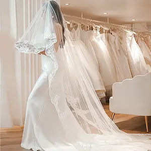 Luxury white 2 deals tiers floral fairy bridal wedding long veil with blusher and chapel train