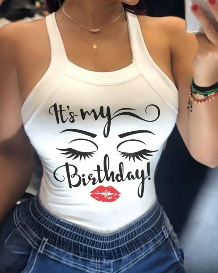 Women's Lip Letter Figure Print U-Neck Backless Casual Top Female Clothes New Summer Women Fashion Thick Strap Skinny T-Shirt