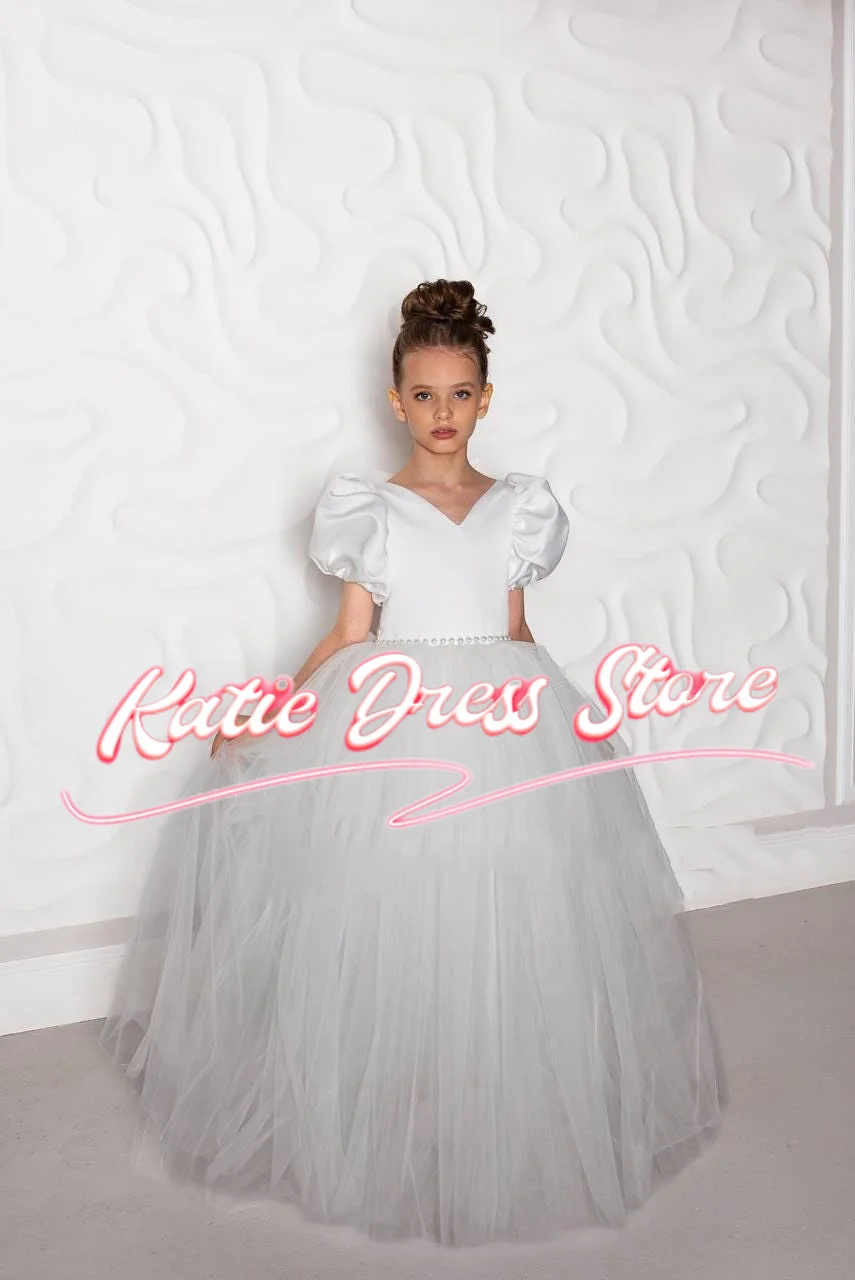 Ivory Flower Girl Dress For Wedding Tulle Puffy Pearls Short Sleeve Kids Birthday Party First Communion Ball Gowns Customized