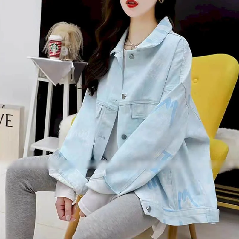 Denim Shirts Voor Dames Bedrukt Vintage Oversized Vesten Lange Mouwen Casual High Street Denim Jassen Koreaanse Stijl Vrouwen Tops