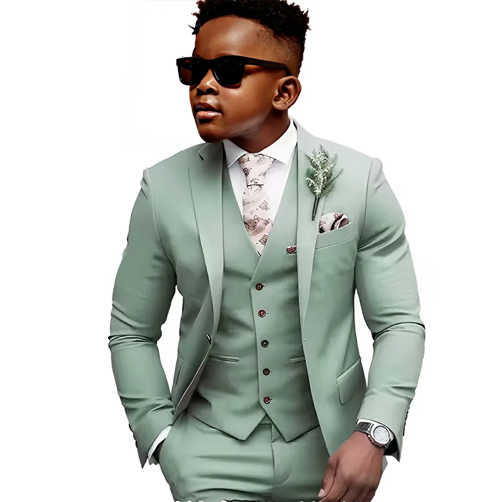 

Элегантный костюм-смокинг для мальчиков шалфейного зеленого цвета, комплект из 3 предметов, приталенный пиджак с лацканами + жилет + брюки для вечеринки, свадьбы, пиджак для мальчика, костюм