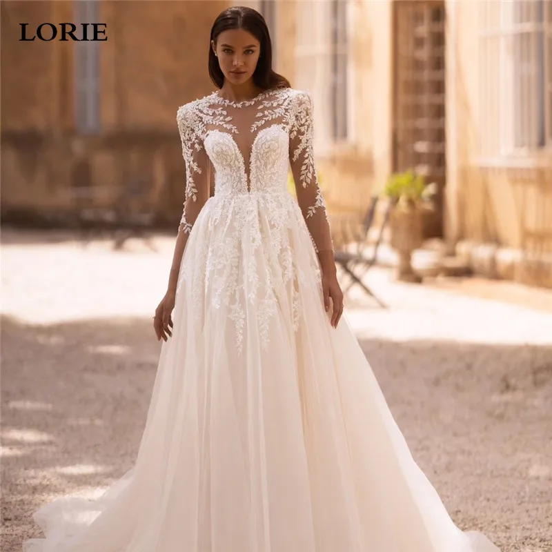 

LORIE Long Sleeve Lace Wedding Dresses Scoop Neck A Line Puff Tulle Bride Dress Elegant Women Wedding Gowns 2024