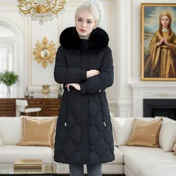 Winter Women's Long Cotton Jacket Female Fur Collar Thicken Warm Long Over-the-knee Jacket Lady Solid Color Demi-season Jacket