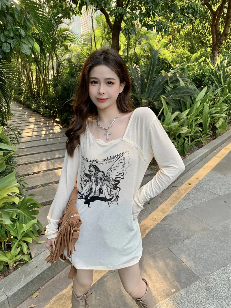 American Retro Off-The-Shoulder Long Sleeve T-Shirt Female Spring Fashion Thin Loose Print Sunscreen Smock Design Sense Y2k Tops