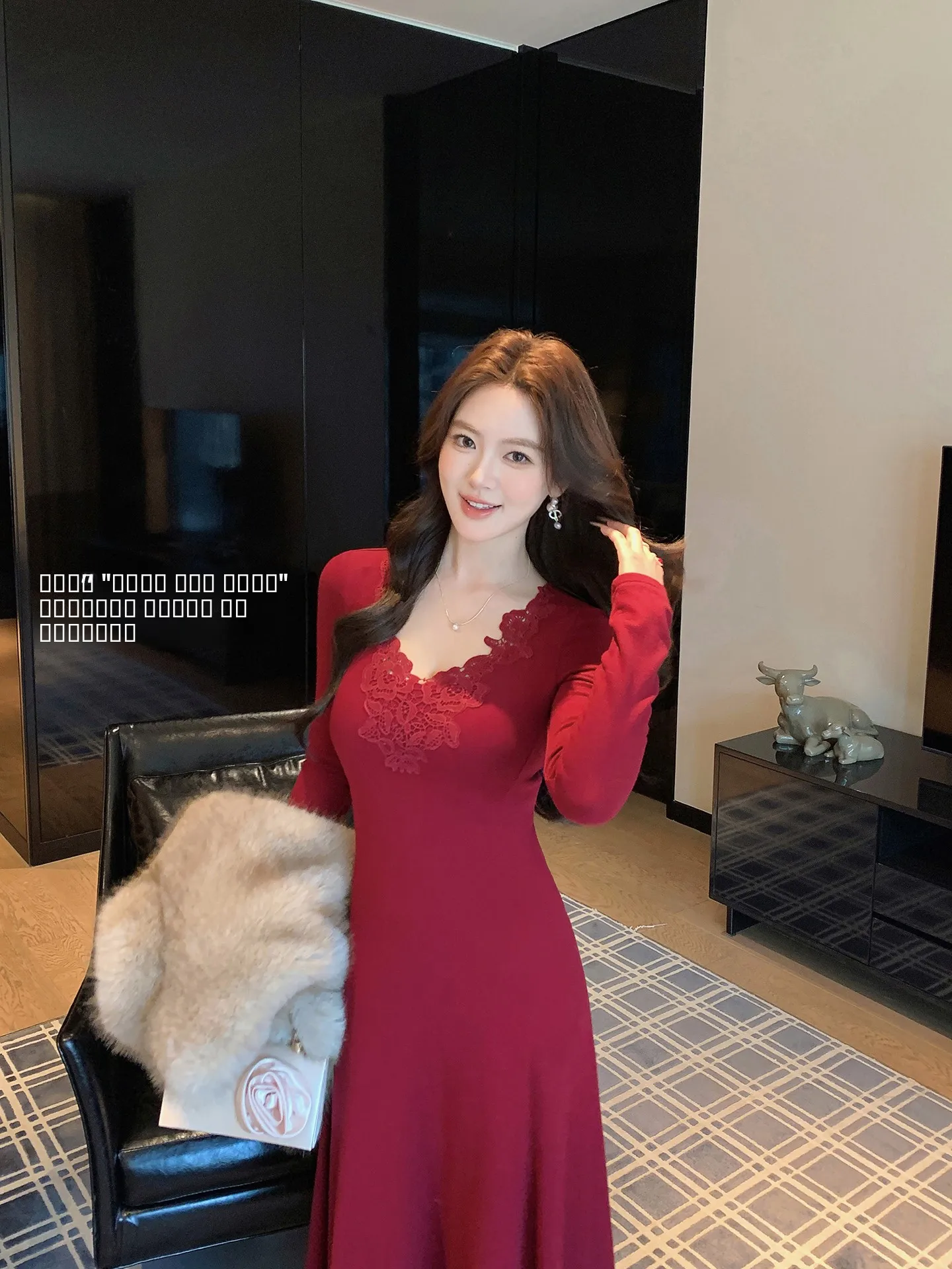 

Элегантное красное платье с кружевной отделкой и V-образным вырезом, приталенное, А-силуэт, для празднования Нового года, для женщин, осень-зима, с завышенной талией, вязаное платье-миди