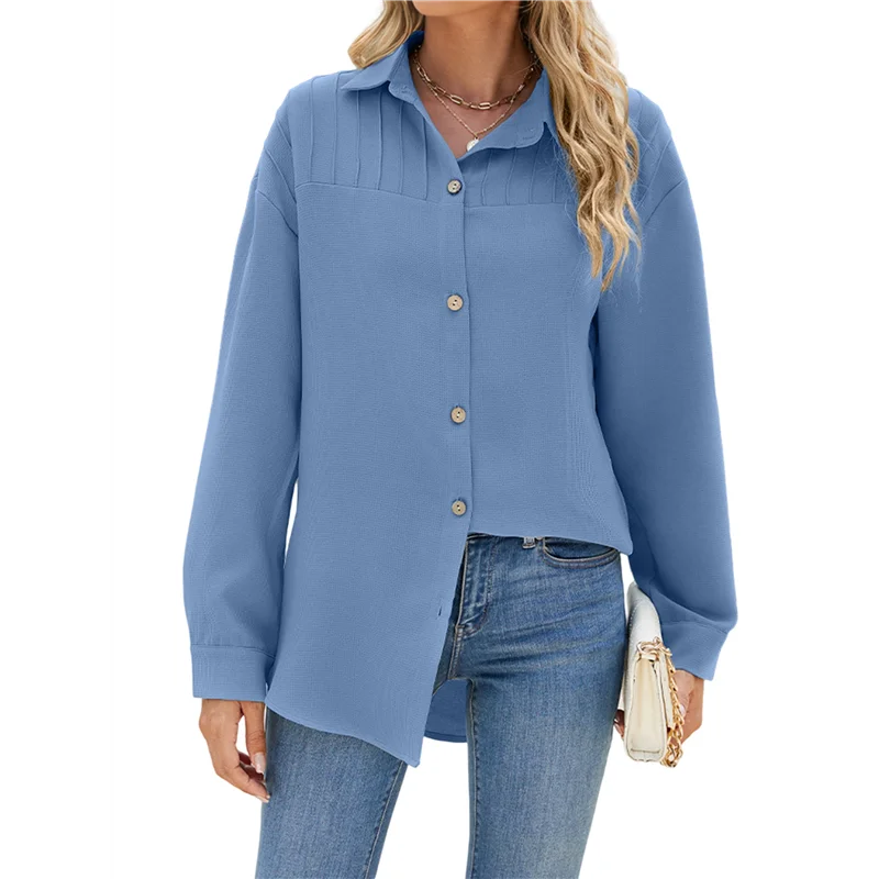 

【SEE】Womens Long Sleeve Button Down Shirts Oversized Collared Drop Shoulder Work Tops Textured Loose Blouse