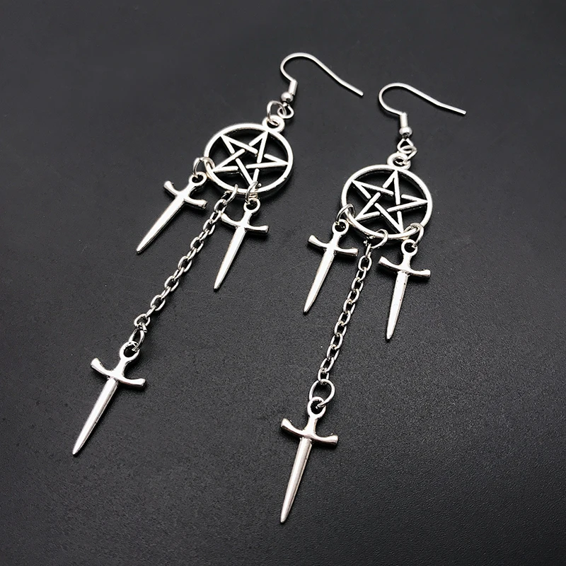 Gothic Pentagram Swords Earrings For Women Silver Color Huggie Hoops Dangle Witchy Jewelry Accessories Punk Goth Halloween