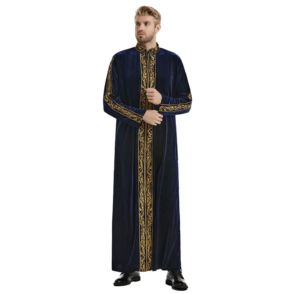 Uomo Jubba Thobe Arabia Saudita Islam Abbigliamento Velluto Ricamo Manica lunga Cerniera Abaya Moda musulmana Caftano Abbigliamento uomo musulmano