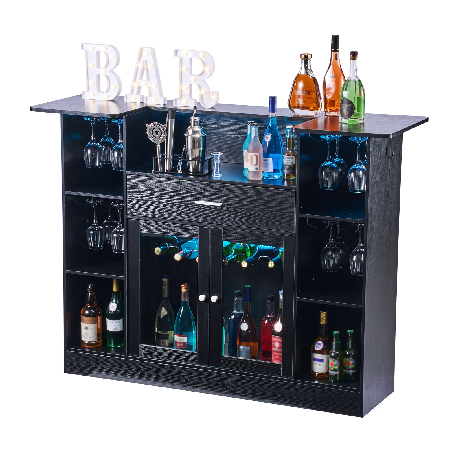 VEVOR 4-Tier Home Bar Unit with Storage Drawer Shelves Wine Glass Holder Bottle Rack LED Light for Home Basement Living Room