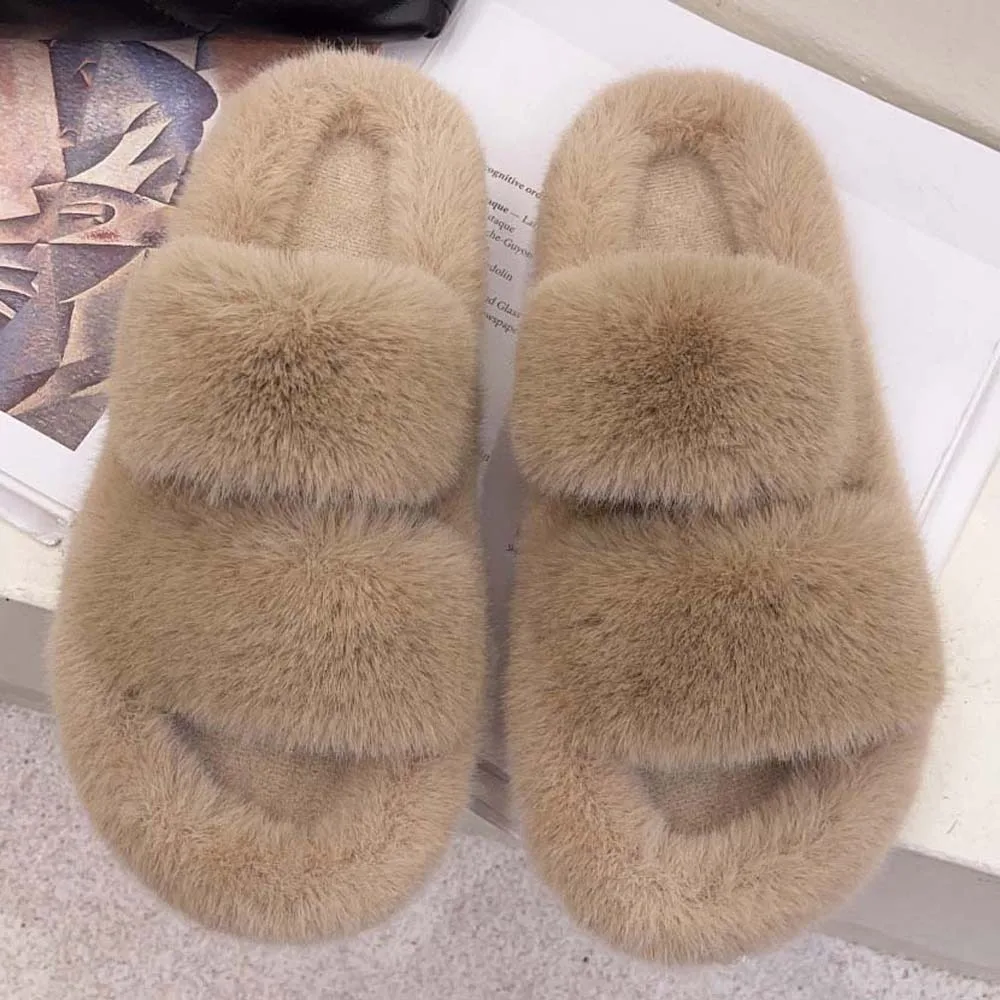 

Soft Winter Open Toe Slippers Double-bar Anti-slip Plush Cotton Slippers Thickened Furry Warmer Home Cotton Shoes Cold Weather