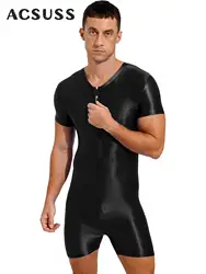 Glossy Wetsuit for Men One-piece Swimwear Sexy Semi-See Through Bodysuit Stretchy Short Sleeve Half Zip Jumpsuit Sports Leotard