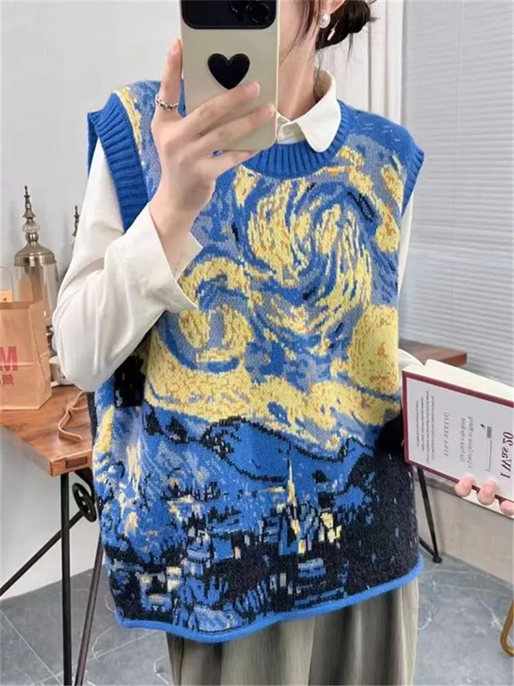 Gagarich Korean Fashion Style Retro Oil Painting Knitted Vest Loose Casual Top Round Neck Sleeveless Camisole Layer Sweater Tank