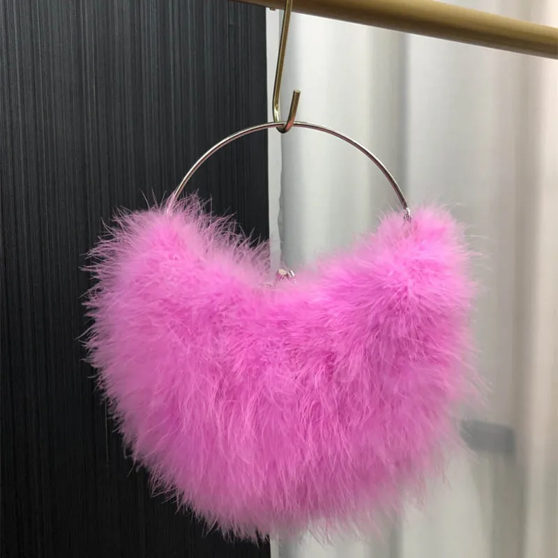 Luxury pink Ostrich Feather Crescent clutch Bag  Women Wedding Purses and Handbags Small Shoulder Chain Designer Bag