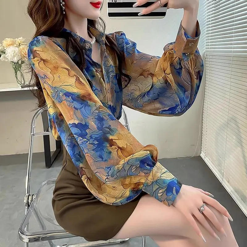 Vintage Floral Printed Shirt Spring Autumn Commute Turn-down Collar Women\'s Clothing Korean Pearl Single-breasted Fashion Blouse