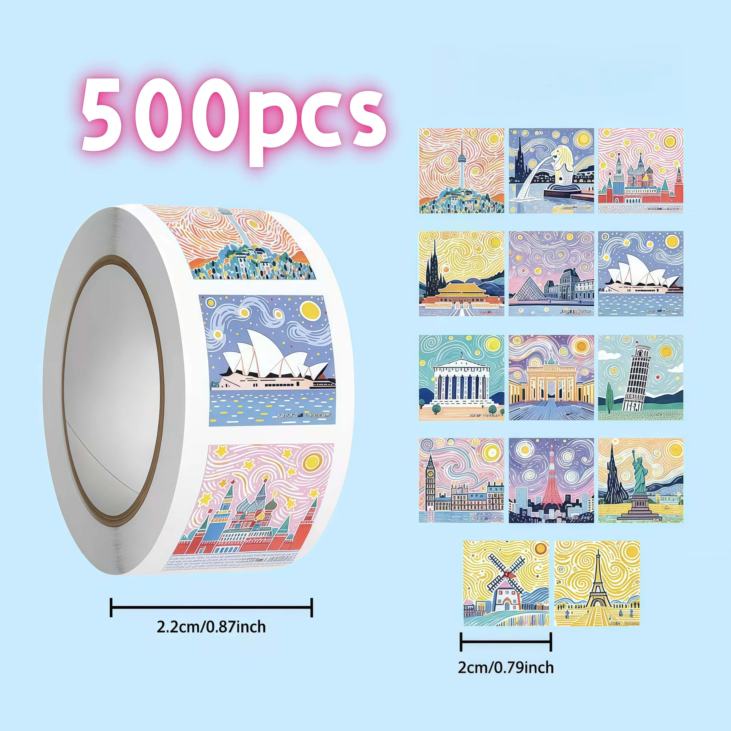 Van Gogh - Style World Landmark Stickers, 500 Pcs/Roll, 14 Iconic Patterns, Perfect for Scrapbooking & DIY Crafts