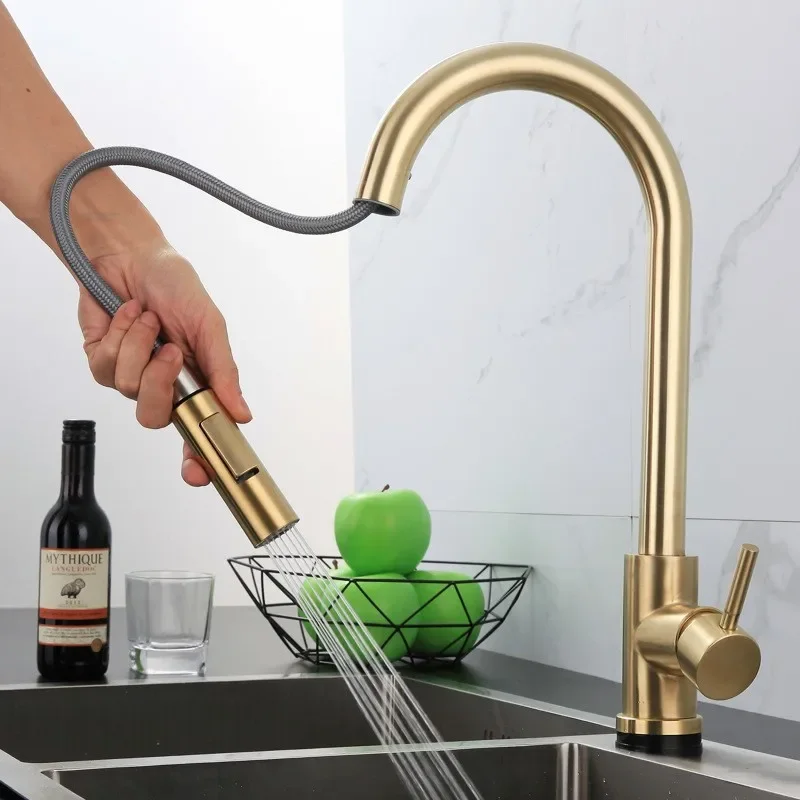 

Brushed Gold Pull Out Kitchen Faucet Black Pull Down Sink luxury Hot & Cold SUS304 Mixer tap