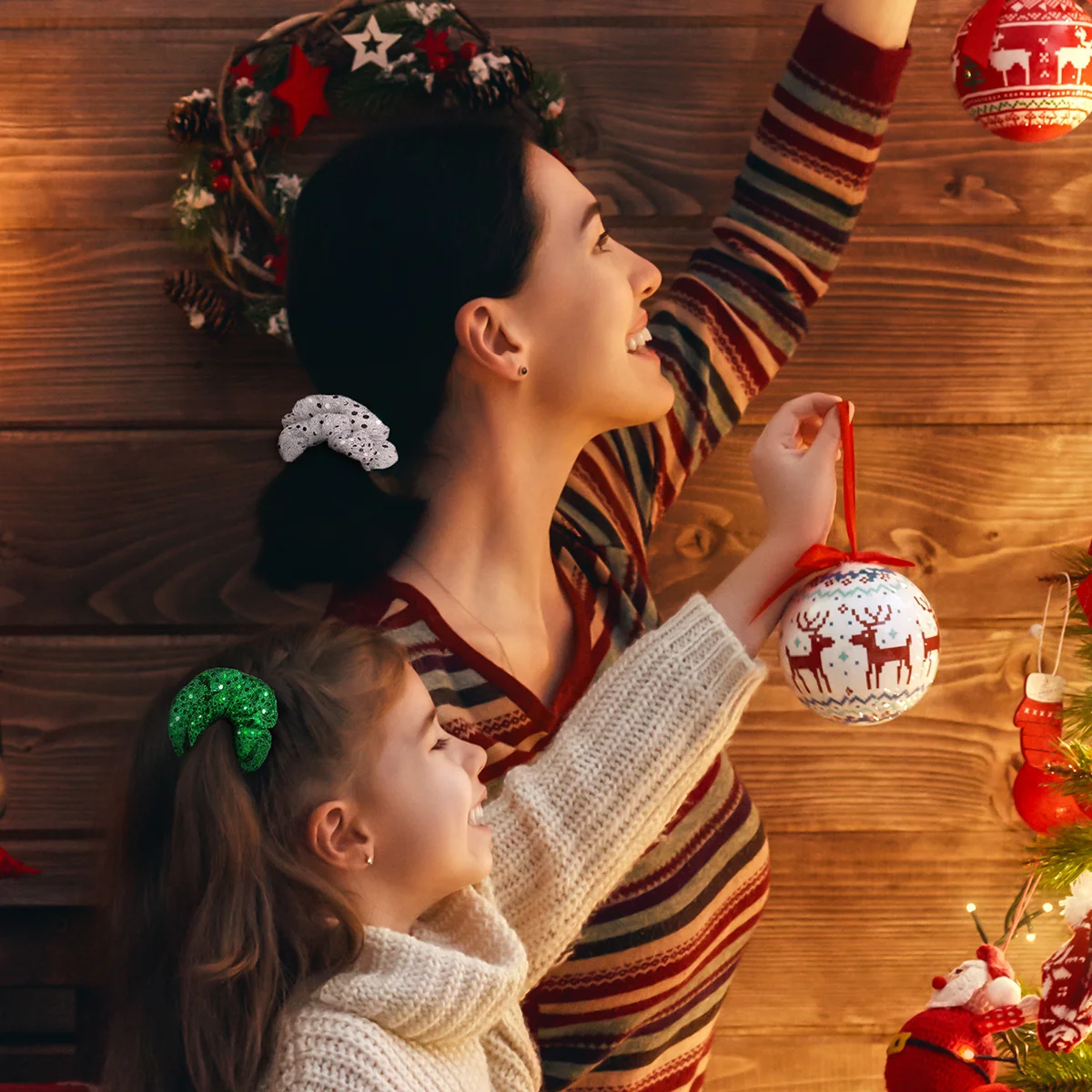 3 قطع من ربطات شعر عيد الميلاد مزينة بالترتر للنساء والفتيات بألوان زاهية وحامل ذيل حصان متين وربطة شعر إبداعية #1