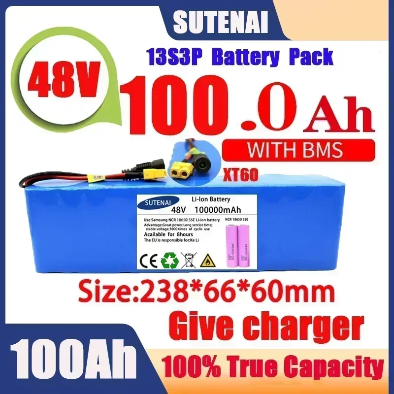 강력한 리튬 이온 배터리, 54.6V 스쿠터 전기 자전거용, BMS 충전기 포함, 48V, 120000mAh, 1000w, 13S3P, XT60, 120Ah