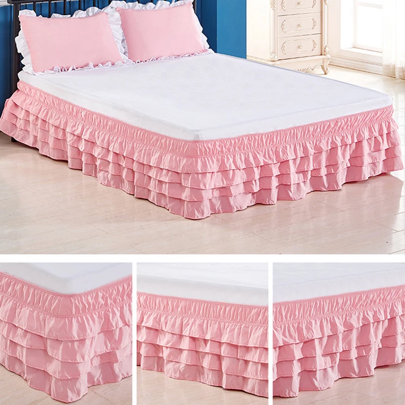 4 Layers Ruffled Bed Skirt Wrap Around Elastic Bed Skirt Bed Cover Without Surface Home Hotel Bed Skirt Twin /Full/ Queen/ King