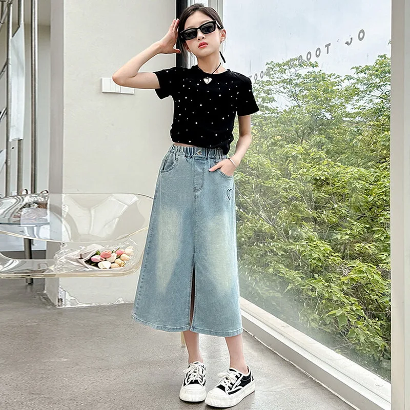 School Girls Denim Love Skirt Four Summer High Waist Casual Midi Skirt for Children Fashion Pocket Teenage Kids Jeans 13 14Y