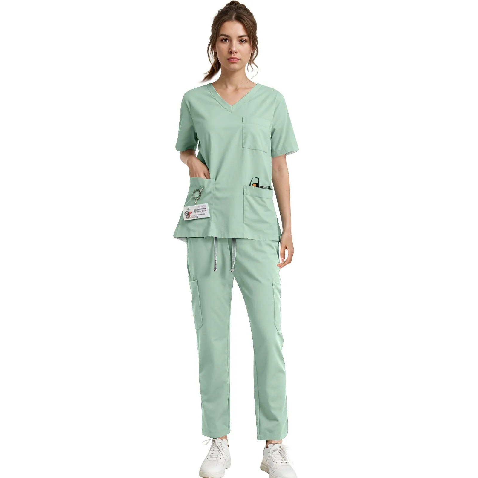 

Women's solid color nurse uniform quick-drying fabric v-neck pocket short-sleeved trousers suit nursing nurse uniform suit