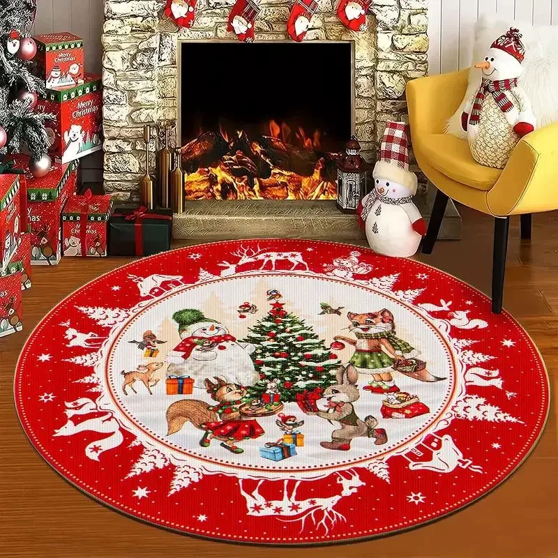 VIKAMA Christmas Santa Round Rug Xmas Tree Gift Print Non Slip Floor Mat for Living Room Bedroom Holiday Home Decor