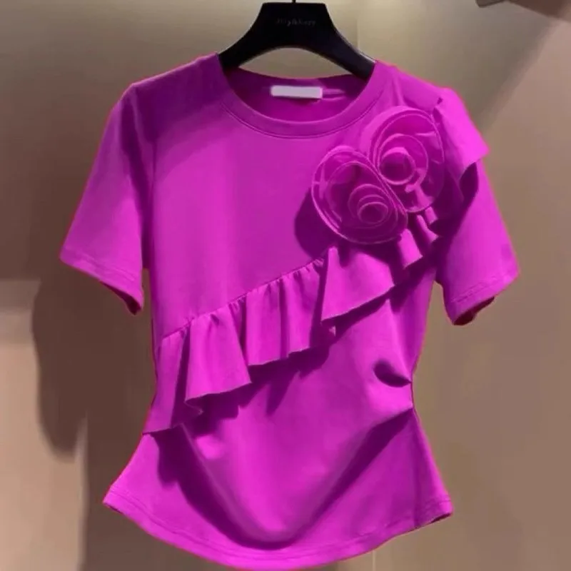 

New Stylish Slimming Top Design Versatile Three-dimensional Short-sleeved T-shirt Lotus Leaves Flowers Absolutely Beautiful Top