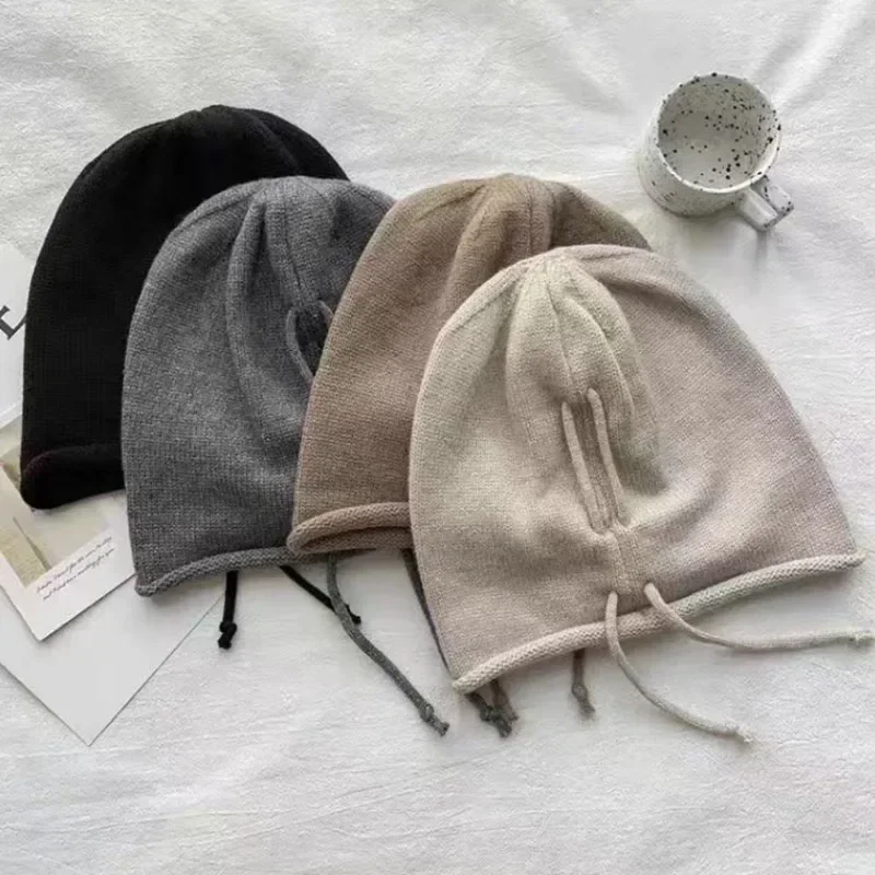 Fashion Winter Kintted Drawstring Baggy Slouchy Beanie For Women Autumn Ear Warm Skullies Cap Solid Color Bonnet Girl Woolen Hat