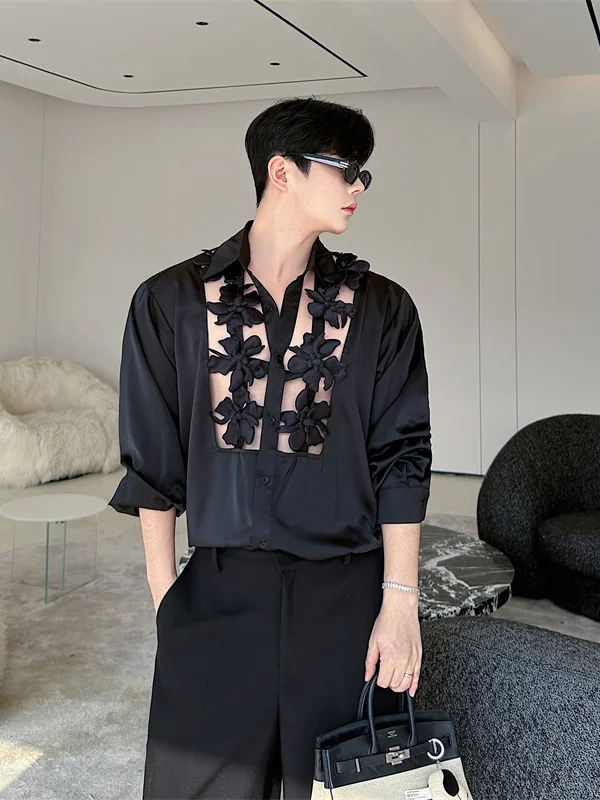 

Elegant Chinese Style Men's Long Sleeve Shirt Casual Floral Hollow out Loose Fit Spring Trendy Button up Casual Wear