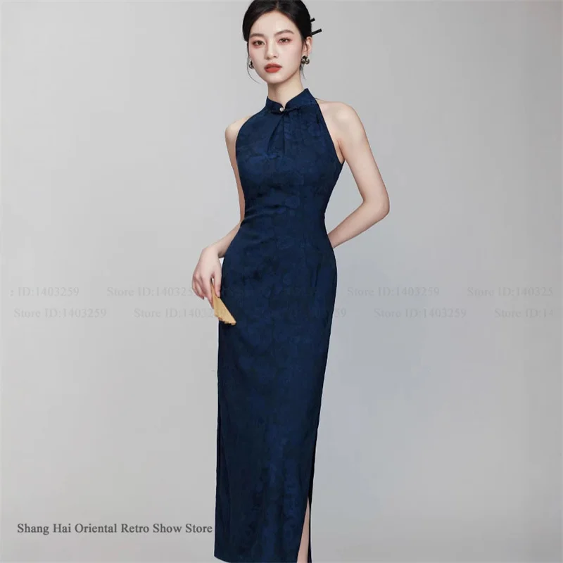

Sexy Sleeveless Long Qipao Chinese Dress Vintage Classic Mandarin Collar Jacquard Cheongsam Elegant Sexyslim Vestidos Prom Dress